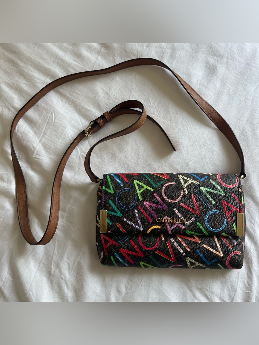 Calvin Klein Black Multicolor Logo Crossbody with Tan Strap